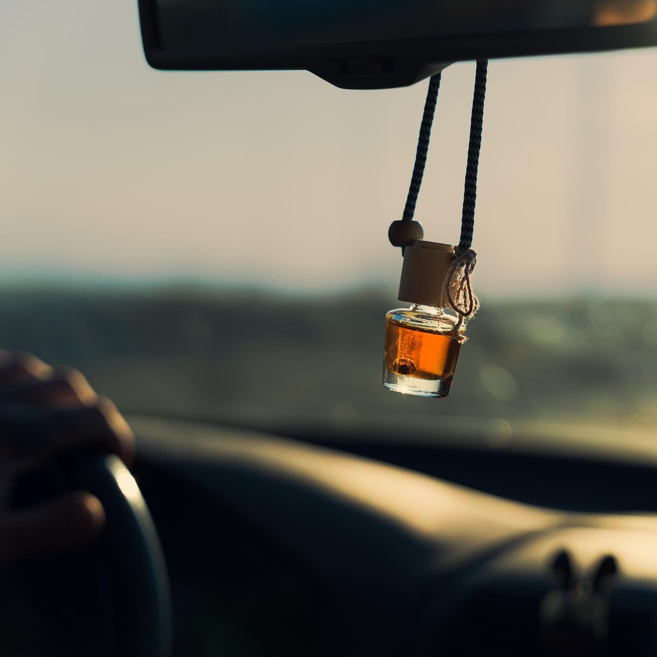 A learner’s hand on the steering wheel, an air freshener hanging from the mirror